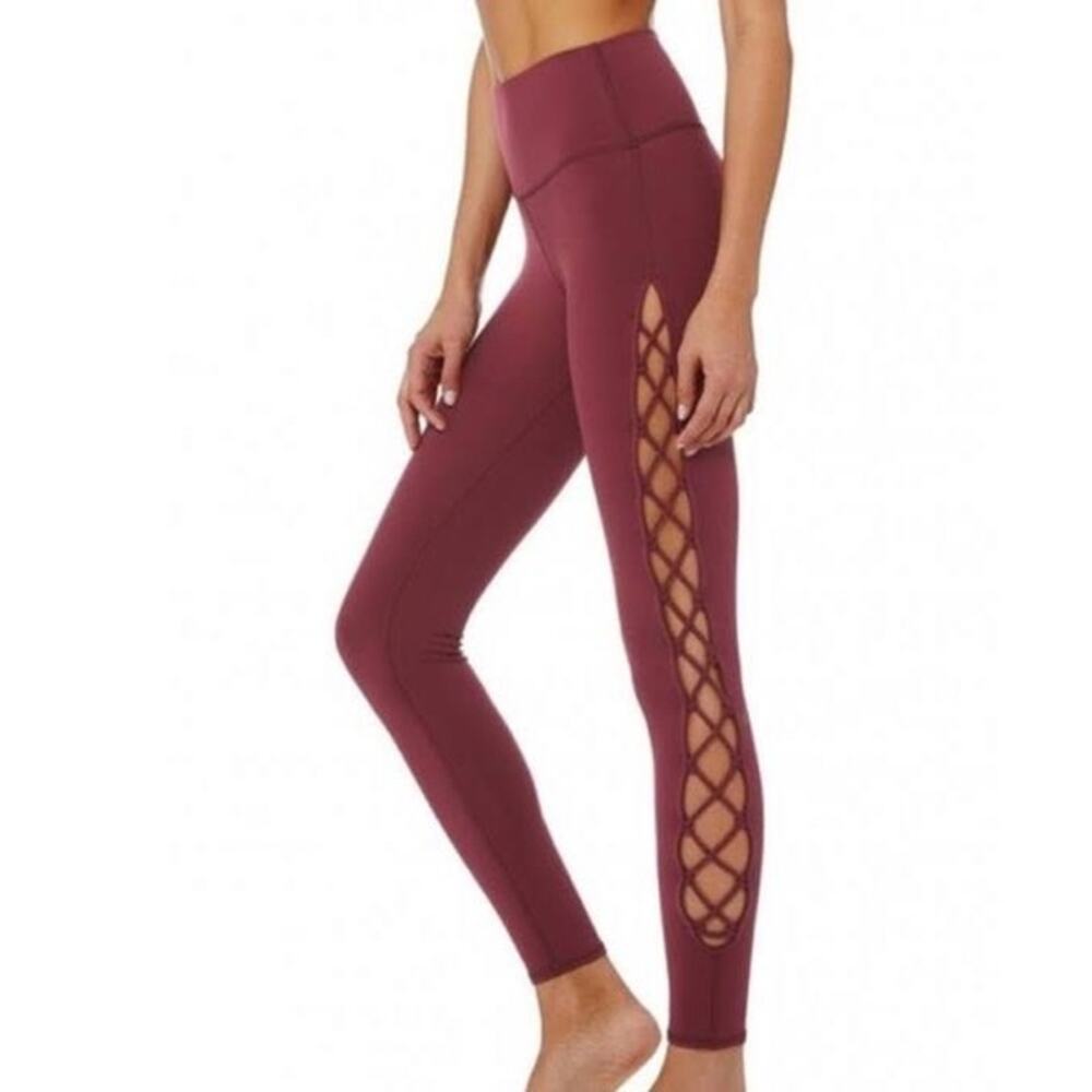 Alo Yoga Interlace Yoga Leggings maroon red womens small full length cut outs